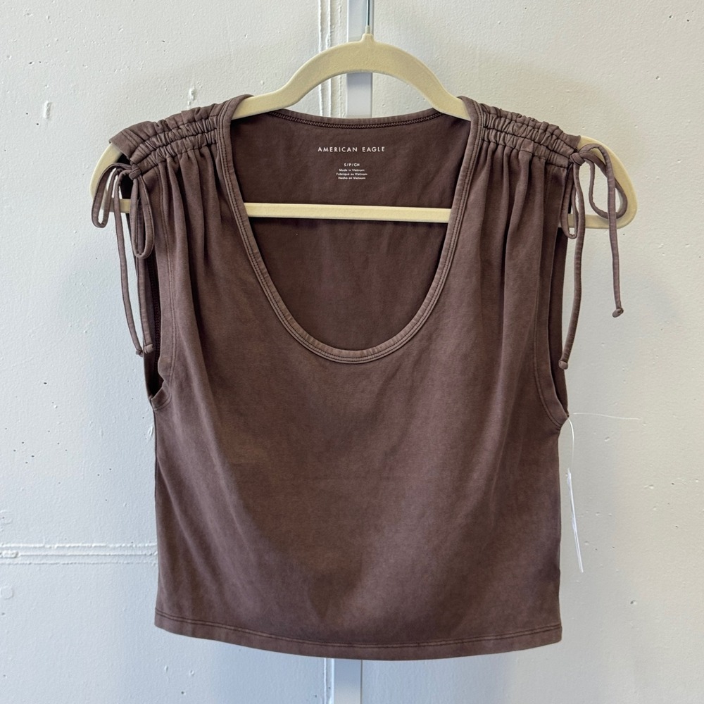 NWT American Eagle Brown Ruched Tie Shoulder Scoop Neck Top T-shirt Small